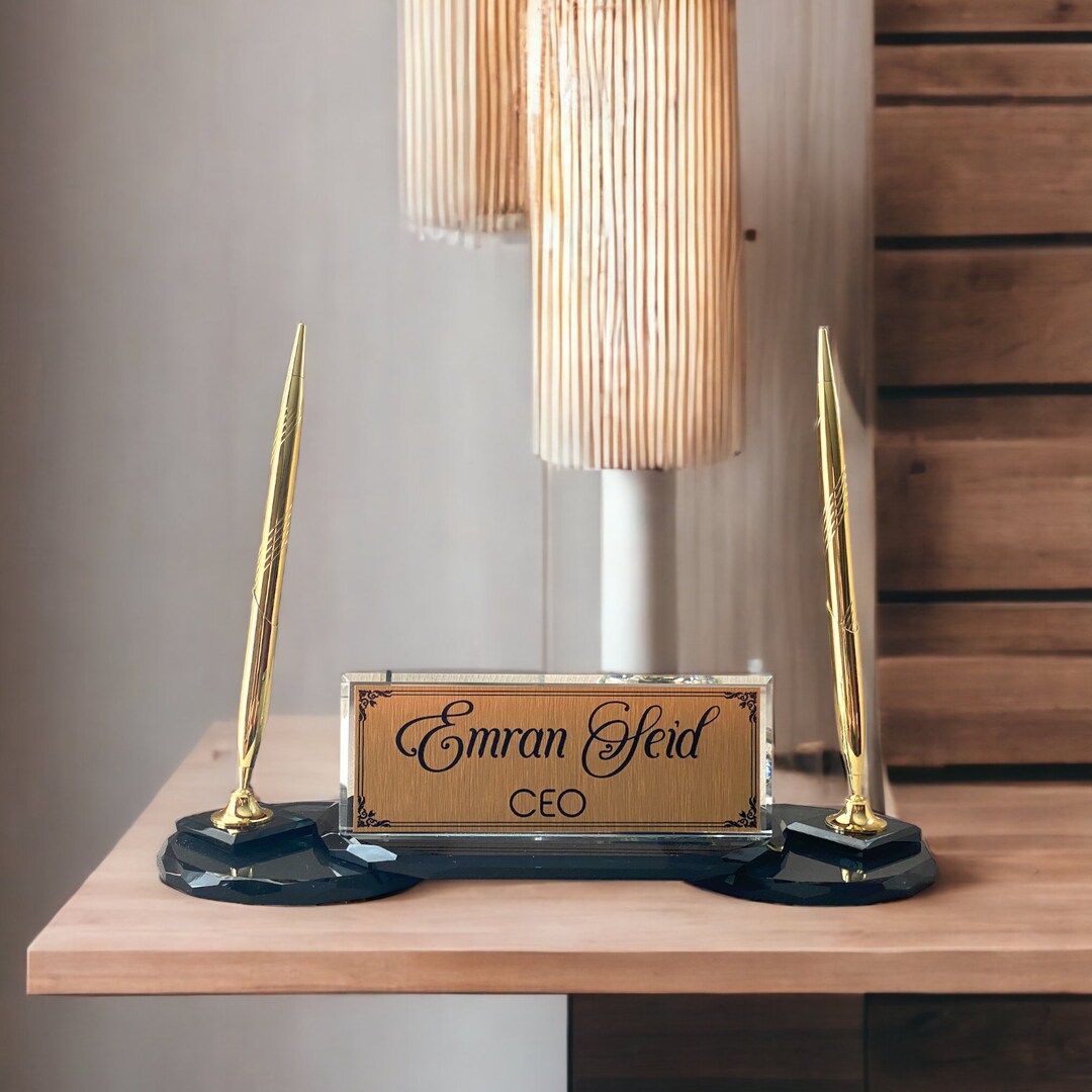 Desk Nameplate With Pen and Card Holder Oval Shaped Custom Etsy