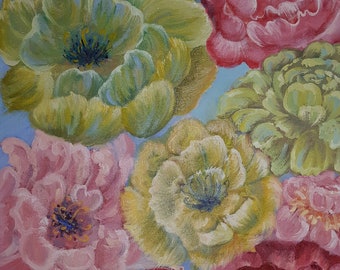 Pioenen schilderij Olie op canvas bloemen originele kunst schilderij handgeschilderde kunstwerk roze rood gele pioenrozen originele bloemen