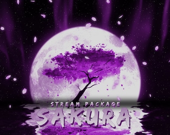 Sakura | Ensemble d'incrustations animées Twitch Blossom | Thème violet | Écrans, webcam, alertes, panneaux, transition Stinger, bannière | Pack de diffusion