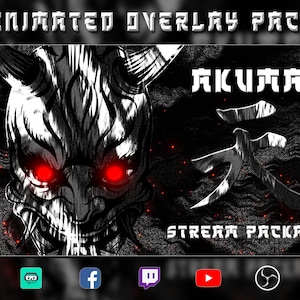 Animated Akuma / Oni Stream Overlay Package - Dark Themed - Screens, Alerts, Webcam, Stinger Transition, Panels, Banner - Twitch Pack