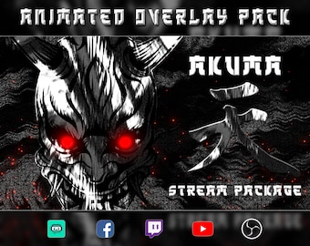 Animated Akuma / Oni Stream Overlay Package - Dark Themed - Screens, Alerts, Webcam, Stinger Transition, Panels, Banner - Twitch Pack