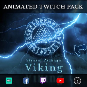 Animated Viking / Lightning Twitch Overlay Package - Screens, Alerts, Webcam, Stinger Transition, Panels, Banner - Stream Pack
