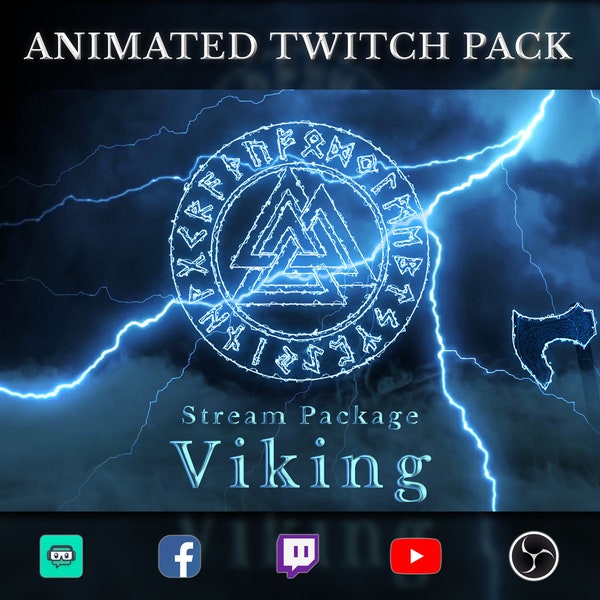 Animiertes Wikinger / Blitz Twitch Overlay Paket - Bildschirme, Warnungen, Webcam, Stinger Übergang, Panels, Banner - Stream Pack