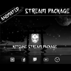 Animated Japanese Stream Overlay Package - Kitsune - Dark Themed - Screens, Webcam, Alerts, Panels, Transition, Banner - Twitch Pack