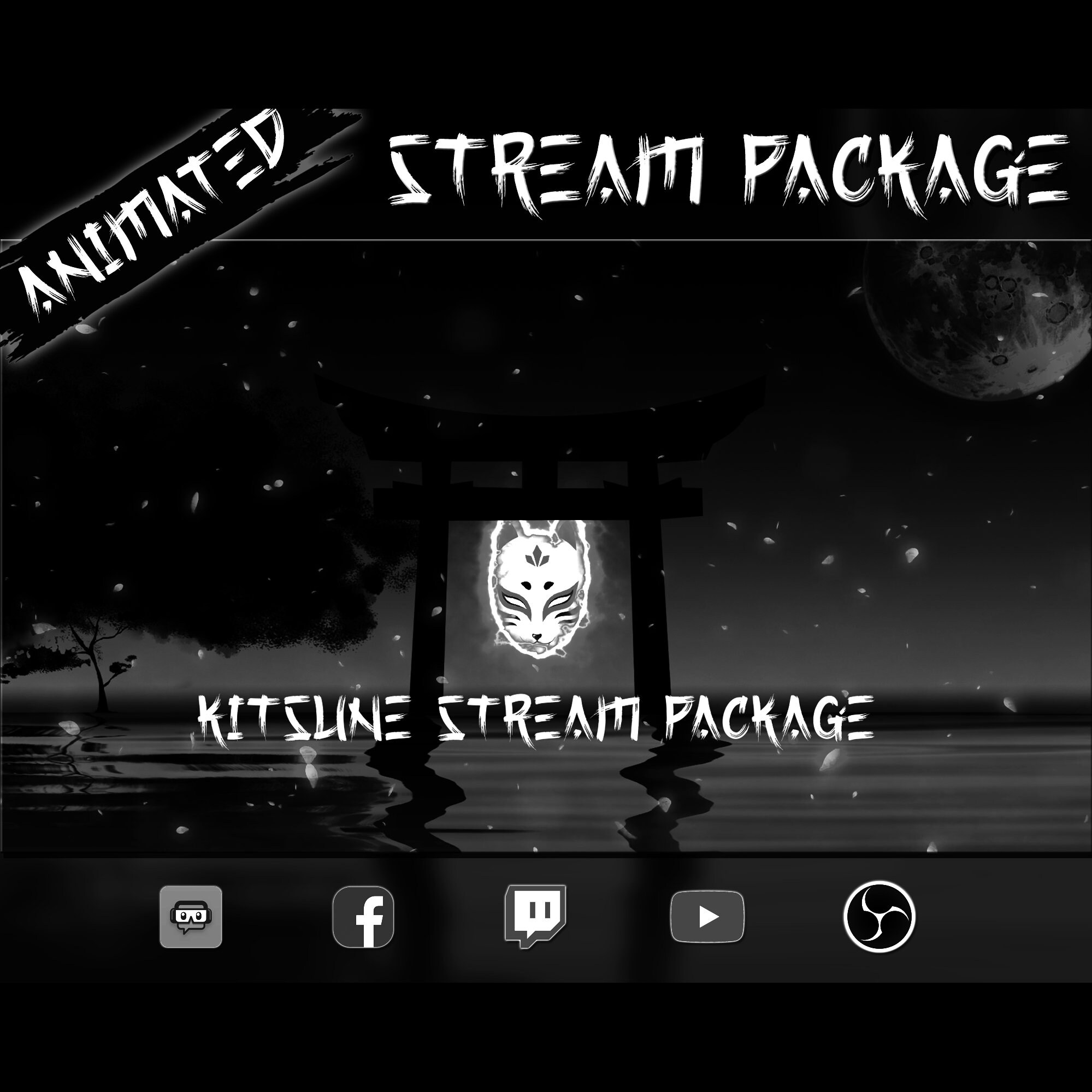 Animated Japanese Stream Overlay Package - Kitsune - Dark Themed - Screens, Webcam, Alerts, Panels, Transition, Banner - Twitch Pack