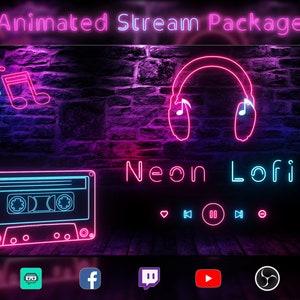 Lofi / Neon Animated Stream Overlay Package - Retro - Chill - Relax - Aesthetic - Cozy -Alerts, Screens, Transition, Panels, Banner, Facecam
