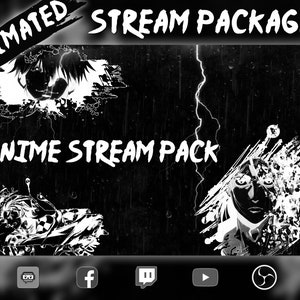 Animated Anime Twitch Overlay Package - Dark Themed - Screens, Alerts, Panels, Webcam, Transition, Banner  - Stream Pack