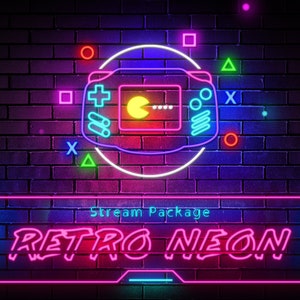 Retro Neon Animated Stream Overlay Package - Screens, Facecam, Alerts, Stinger Transition, Panels, Banner - Purple, Blue, Pink - Twitch Pack