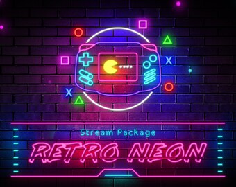 Retro Neon Animated Stream Overlay Package - Screens, Facecam, Alerts, Stinger Transition, Panels, Banner - Purple, Blue, Pink - Twitch Pack