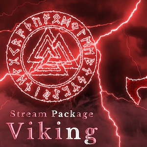 Puede incluir: Un diseño gráfico rojo y blanco con un símbolo vikingo y el texto "Stream Package Viking" sobre un fondo rojo con rayos blancos.