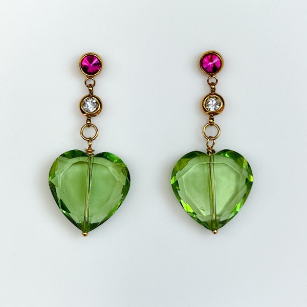 Green crystal glass heart stud drop earrings. Yellow and blue golden earrings. Statement earrings