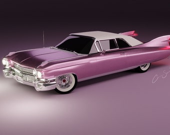 May include: A pink and white convertible Cadillac with a white roof and chrome detailing. The car is parked on a pink surface.