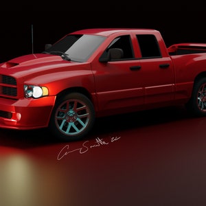 Puede incluir: Una camioneta Dodge Ram SRT-10 roja con una parrilla negra y una toma de aire negra en el capó. La camioneta tiene una cubierta de cama negra y ruedas negras con un borde cromado.