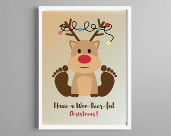 May include: A brown reindeer with a red nose and a string of colorful lights on its antlers. The reindeer is sitting with its feet up in the air. The text "Have a Won-Deer-ful Christmas!" is below the reindeer.