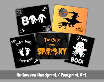May include: Five printable Halloween handprint and footprint art cards with black and orange backgrounds. The cards feature the text "Boo!", "Too Cute To Be Spooky", "I Love Boo!", "Trick or Treat Smell My Feet", and "Baa".