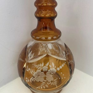 Antique Czech Bohemia Amber Crystal Decanter 12” Tall Cut To Clear Mushroom Top Vase