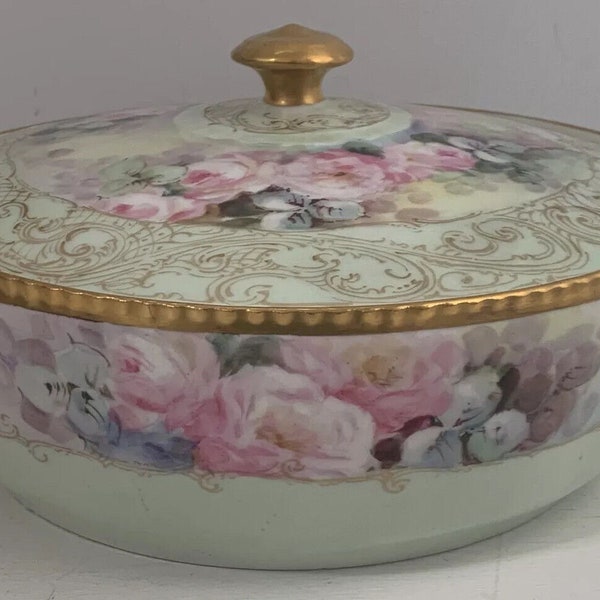 Antique Limoge France Large Covered Serving Bowl Hand Painted Roses GOLD VERGE