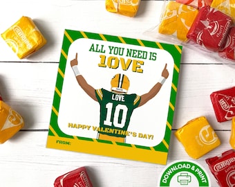 Packers All You Need Is Love Valentines, PRINTABLE Instant Download, Easy Kids Valentine Card, Green Bay Love Valentine, Packers Valentine