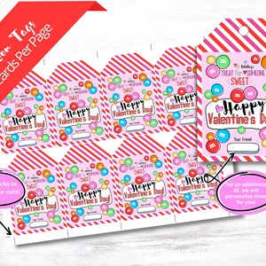 May include: Eight printable Valentine's Day gift tags featuring a pink and red striped background with colorful buttons and the text "Treat for Someone Sweet" and "Happy Valentine's Day!"