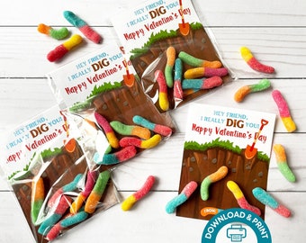 PRINTABLE Valentine Card, Gummy Worm Valentine Card, Printable Classroom Valentine Card, School Valentines Favor Tag, Dirt & Worms Treat Tag