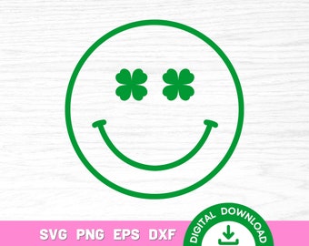 May include: A green smiley face with four-leaf clover eyes. The smiley face is outlined in green and has a simple, curved smile.