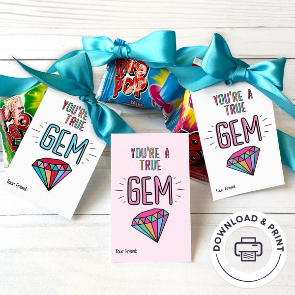 PRINTABLE Party Favor Tag, Ring Pop Party Favor Thank You Card, Easy Printable Birthday Party Favor Card, You're A Gem Ring Pop Treat Tag