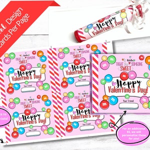 May include: Printable Valentine's Day cards featuring a pink background with colorful M&M's and the text "Happy Valentine's Day!"  A little treat for someone sweet.