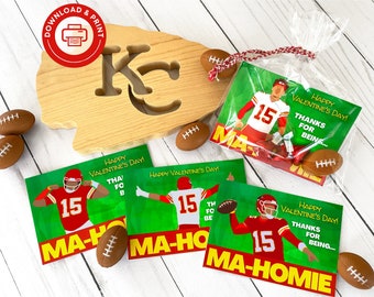 NEW Mahomie Valentine Cards PRINTABLE, Instant Download Easy School Valentine Card, Chiefs Valentine, Sports Football Boy Valentine Cards