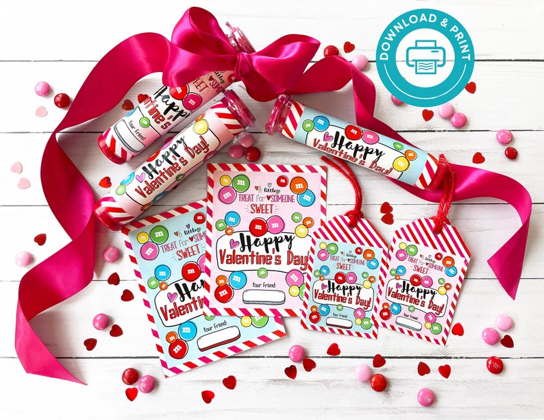May include: Printable Valentine's Day cards and treat bags featuring a colorful M&M's design. The cards and bags have red and white stripes and say "Happy Valentine's Day!" and "Treat for Someone Sweet".