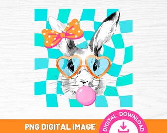 Retro Easter PNG, Easter Png, Easter Bunny Png, Cute Easter Png, Bunny with Glasses, Easter Shirt, Easter Bunny Bubble PNG for Sublimation