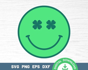 May include: Green smiley face with four-leaf clover eyes.  The smiley face is outlined in dark green.