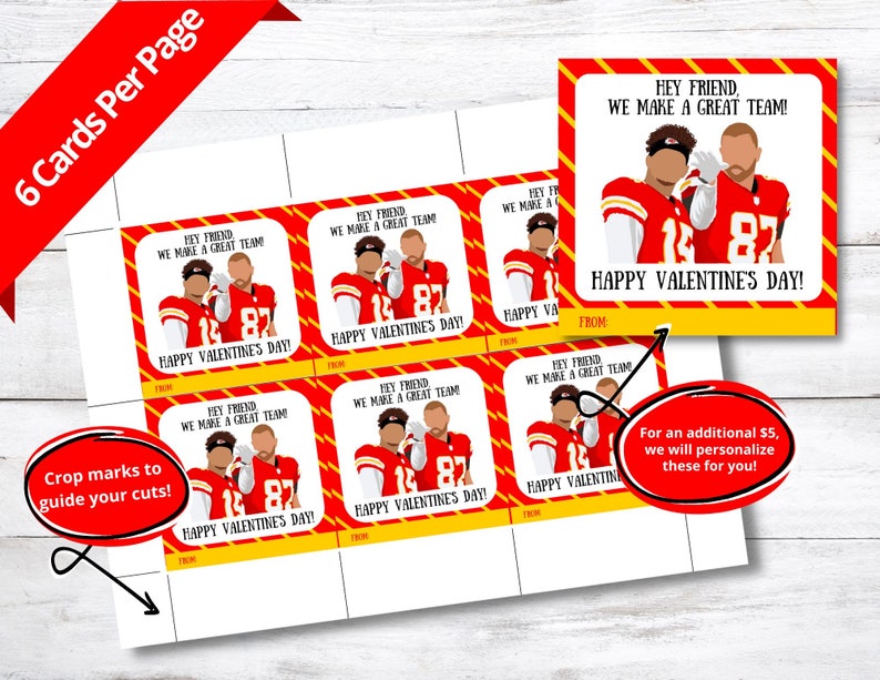 Puede incluir: Seis tarjetas de San Valent&iacute;n imprimibles con una imagen de dibujos animados de dos jugadores de f&uacute;tbol con uniformes rojos y blancos con el texto "Hey Friend, We Make A Great Team! Happy Valentine's Day!"