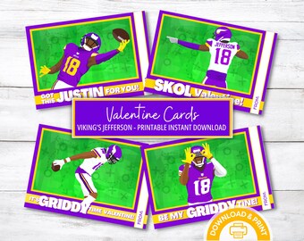 Minnesota Valentine Cards, Viking Justin Jefferson 18 Valentine Cards, Class PRINTABLE Valentine Card, School Sports Football Boy Valentine