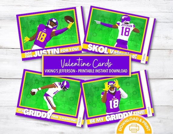 Minnesota Valentine Cards, Viking Justin Jefferson 18 Valentine Cards, Class PRINTABLE Valentine Card, School Sports Football Boy Valentine