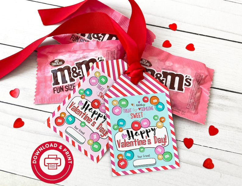 May include: Printable Valentine's Day gift tags featuring a pink and blue striped design with colorful M&M's and the text "Happy Valentine's Day!" and "Treat for Someone Sweet".