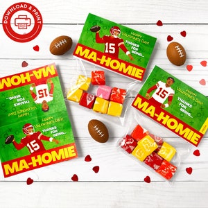 Mahomie Valentine Treat Bag Topper Cards PRINTABLE, Instant Download Easy School Valentine, Chiefs Valentine, Sports Football Valentine Card