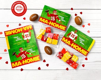 Mahomie Valentine Treat Bag Topper Cards PRINTABLE, Instant Download Easy School Valentine, Chiefs Valentine, Sports Football Valentine Card