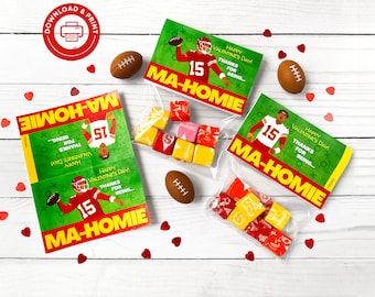 Mahomie Valentine Treat Bag Topper Tarjetas IMPRIMIBLES, Descarga Instantánea Easy School Valentine, Chiefs Valentine, Sports Football Valentine Card
