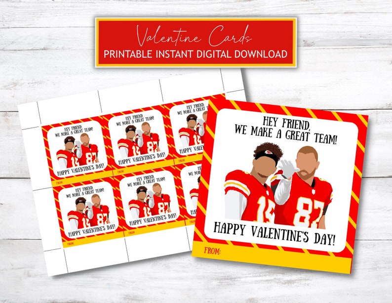 Puede incluir: Tarjetas de San Valent&iacute;n imprimibles con dos jugadores de f&uacute;tbol en uniformes rojos y blancos con el texto "Hey Friend, We Make A Great Team!" y "Happy Valentine's Day!"