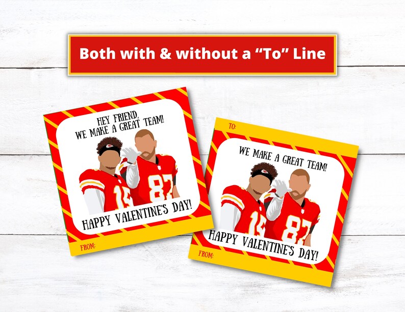 Puede incluir: Dos jugadores de f&uacute;tbol americano con uniformes rojo y blanco con los n&uacute;meros 14 y 87. La imagen es una tarjeta de San Valent&iacute;n con el texto "Hey friend, we make a great team! Happy Valentine's Day!" y "From:"
