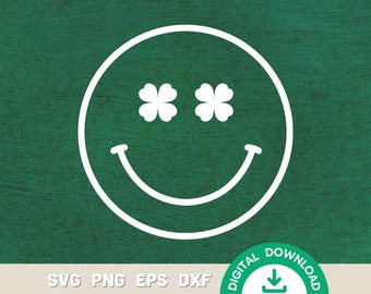 May include: White smiley face with two four-leaf clovers for eyes. The smiley face is on a green woodgrain background.