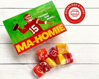 Mahomie Valentine Treat Bag Topper Cards PRINTABLE, Instant Download Easy School Valentine, Chiefs Valentine, Sports Football Valentine Card