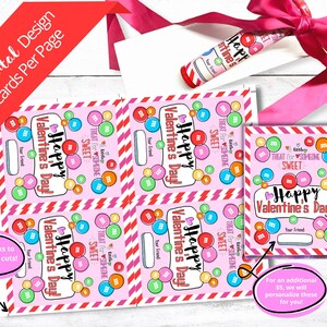 May include: Four printable Valentine's Day cards with a pink background and red and white stripes. Each card features a colorful candy design with the text "Happy Valentine's Day!" and "Treat for Someone Sweet".