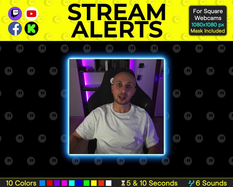 K&ouml;nnte beinhalten: Ein Mann in einem wei&szlig;en Hemd sitzt auf einem Stuhl vor einem violetten und blauen Licht. Das Bild ist in einem blauen Neonrahmen eingefasst. Der Text "STREAM ALERTS" ist in gelben Buchstaben auf schwarzem Hintergrund. Der Text "For Square Webcams 1080x1080 px Mask Included" ist in wei&szlig;en Buchstaben auf schwarzem Hintergrund. Der Text "10 Colors" ist in wei&szlig;en Buchstaben auf gelbem Hintergrund. Der Text "5 & 10 Seconds" ist in wei&szlig;en Buchstaben auf gelbem Hintergrund. Der Text "6 Sounds" ist in wei&szlig;en Buchstaben auf gelbem Hintergrund.