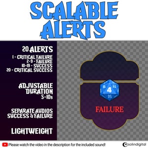 May include: A digital illustration of a blue 20-sided die with a 4 showing, inside a gold-trimmed purple frame with the word "FAILURE" in red text. The image is part of a larger graphic with the text "SCALABLE ALERTS" in blue and white, and a list of features: "20 ALERTS", "ADJUSTABLE DURATION 5-10s", "SEPARATE AUDIOS SUCCESS & FAILURE", and "LIGHTWEIGHT".