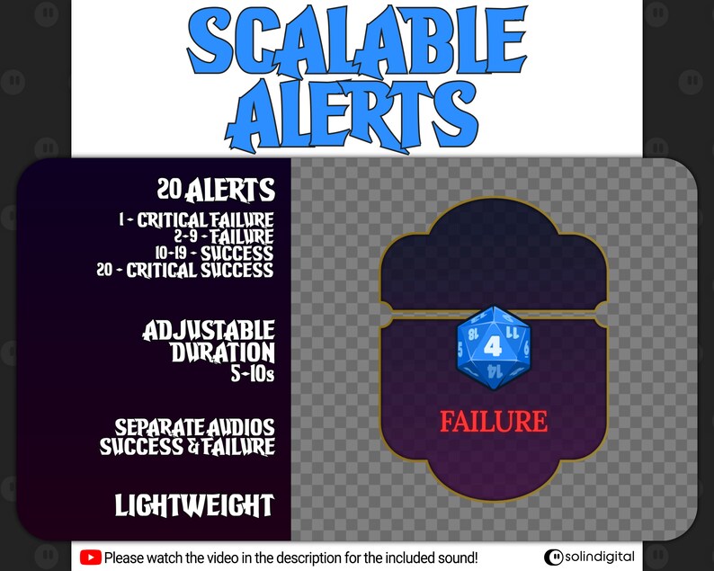 May include: A digital illustration of a blue 20-sided die with a 4 showing, inside a gold-trimmed purple frame with the word "FAILURE" in red text. The image is part of a larger graphic with the text "SCALABLE ALERTS" in blue and white, and a list of features: "20 ALERTS", "ADJUSTABLE DURATION 5-10s", "SEPARATE AUDIOS SUCCESS & FAILURE", and "LIGHTWEIGHT".