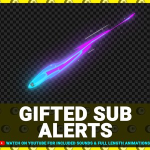Pu&ograve; includere: Una scia di luce animata blu e viola con un effetto di scintillio. Il testo "GIFTED SUB ALERTS" &egrave; sotto la scia di luce. Il testo "WATCH ON YOUTUBE FOR INCLUDED SOUNDS & FULL LENGTH ANIMATIONS" &egrave; sotto il testo "GIFTED SUB ALERTS".