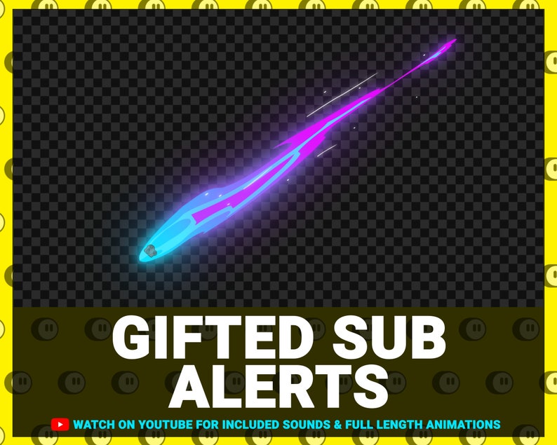 Pu&ograve; includere: Una scia di luce animata blu e viola con un effetto di scintillio. Il testo "GIFTED SUB ALERTS" &egrave; sotto la scia di luce. Il testo "WATCH ON YOUTUBE FOR INCLUDED SOUNDS & FULL LENGTH ANIMATIONS" &egrave; sotto il testo "GIFTED SUB ALERTS".