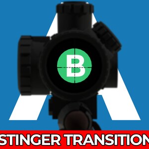 May include: A black rifle scope with a green reticle featuring the letter "B" in the center. The scope is mounted on a rifle and the background is blue.