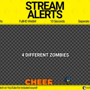 Puede incluir: Una pantalla de alerta animada amarilla y negra con el texto "STREAM ALERTS" en letras negras grandes. La pantalla tambi&eacute;n incluye el texto "13 Alerts", "FullHD WebM", "10 Seconds", "Seperate Sound", "4 DIFFERENT ZOMBIES" y "CHEER". Un zombie de dibujos animados sostiene un bate de b&eacute;isbol y corre hacia el lado derecho de la pantalla. El texto "Watch on YouTube for included sound!" est&aacute; en la parte inferior izquierda de la pantalla. El texto "@solindigital" est&aacute; en la parte inferior derecha de la pantalla.